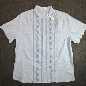 BEOTYSHOW Shirt Mens XXL Blue Embroidered Band Collar Short Sleeve Cotton NWT